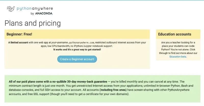 python anywhere 플랜 페이지