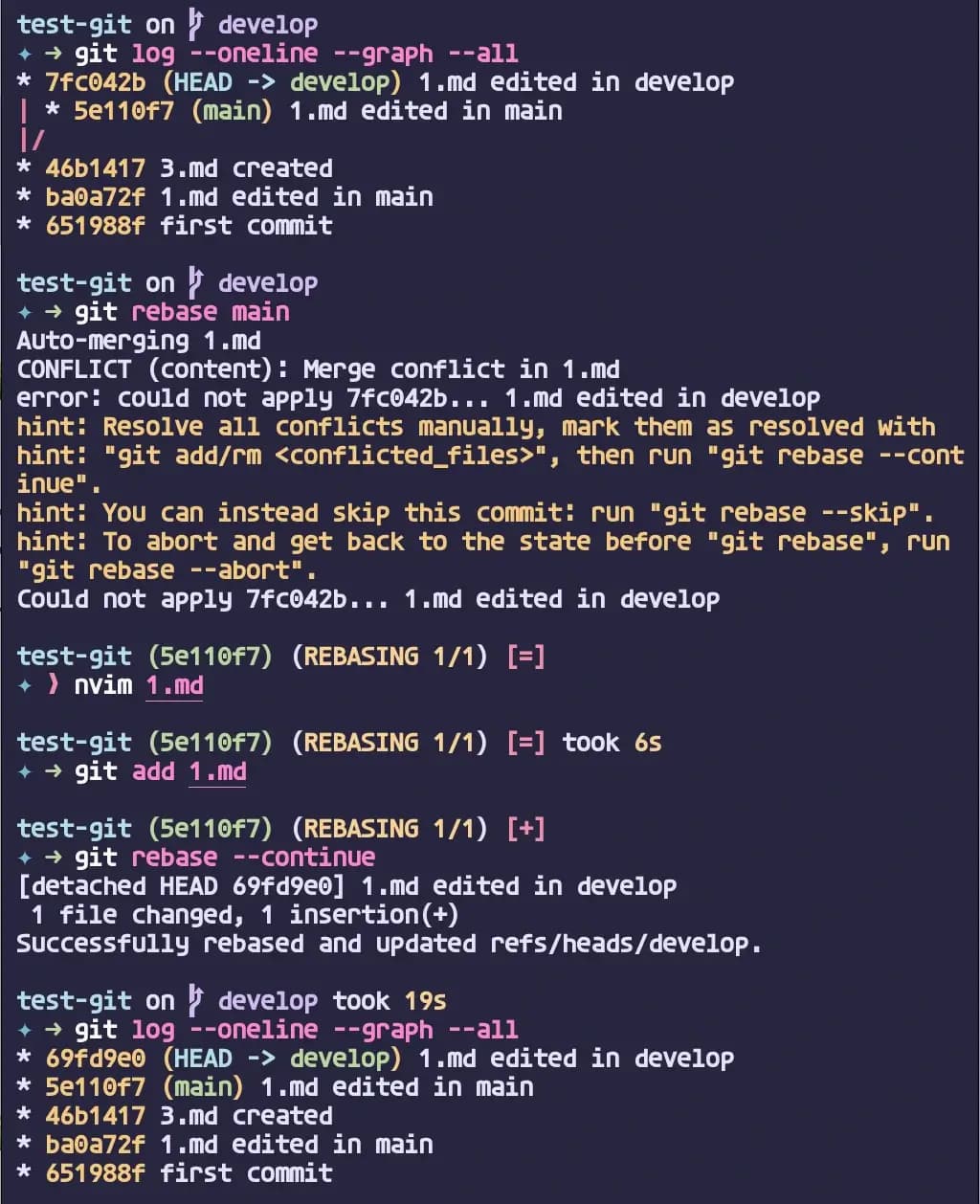 git rebase --continue 실행 결과