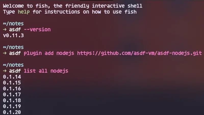 asdf node versions