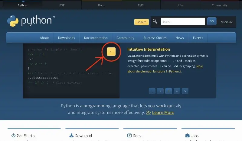 python 홈페이지 REPL 아이콘