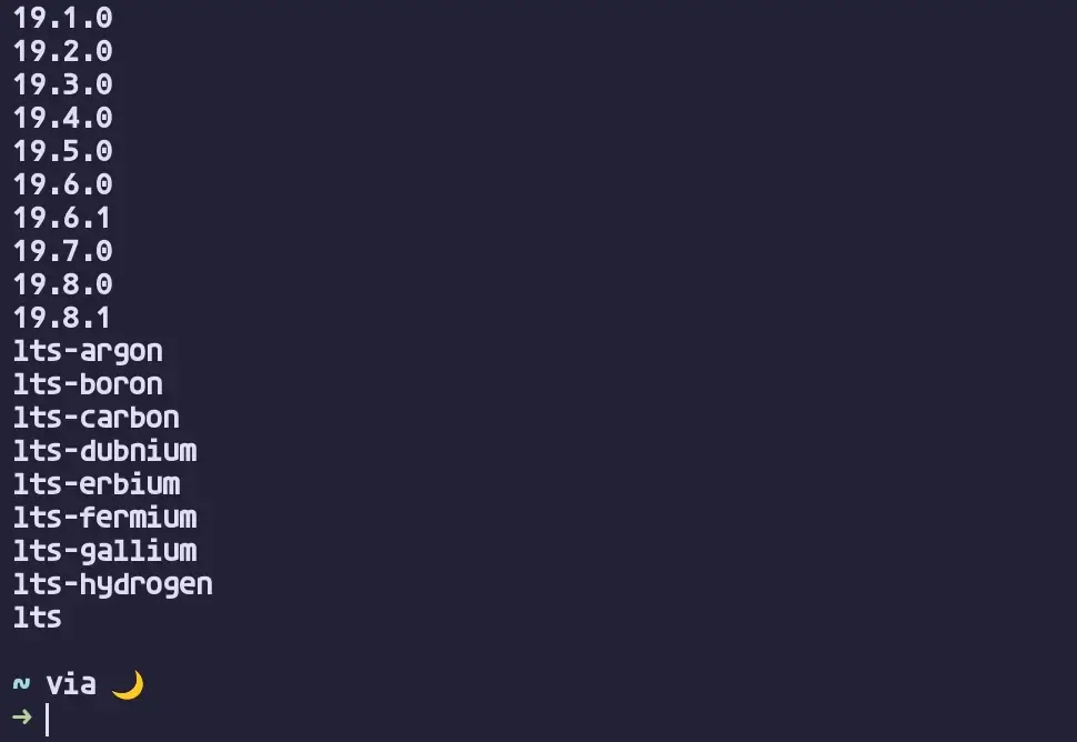 asdf list all nodejs 결과