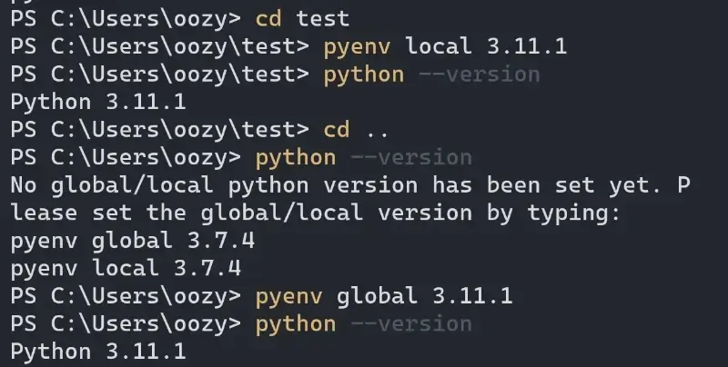 pyenv shell and local