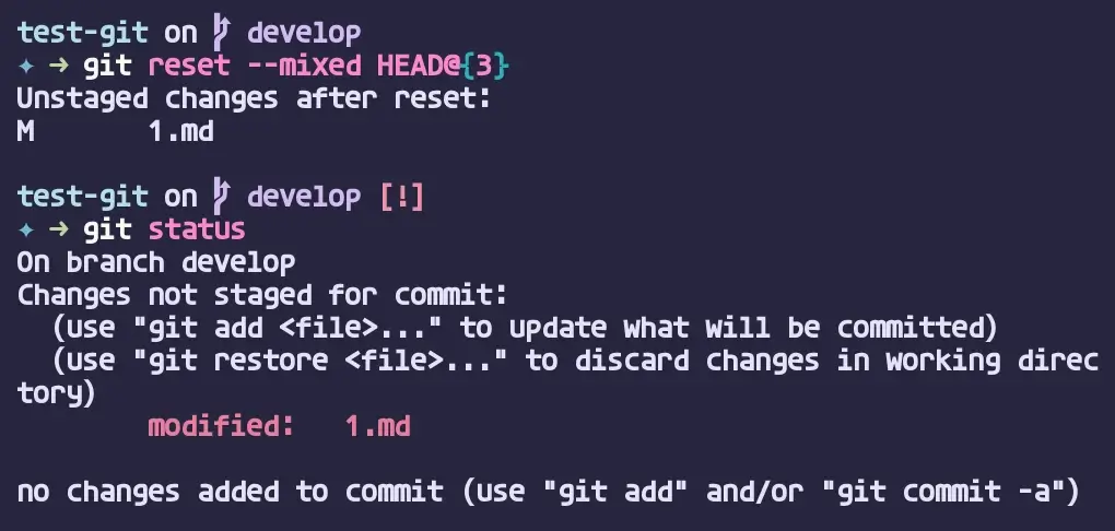 git reset --mixed 명령어로 git rebase 되돌린 결과