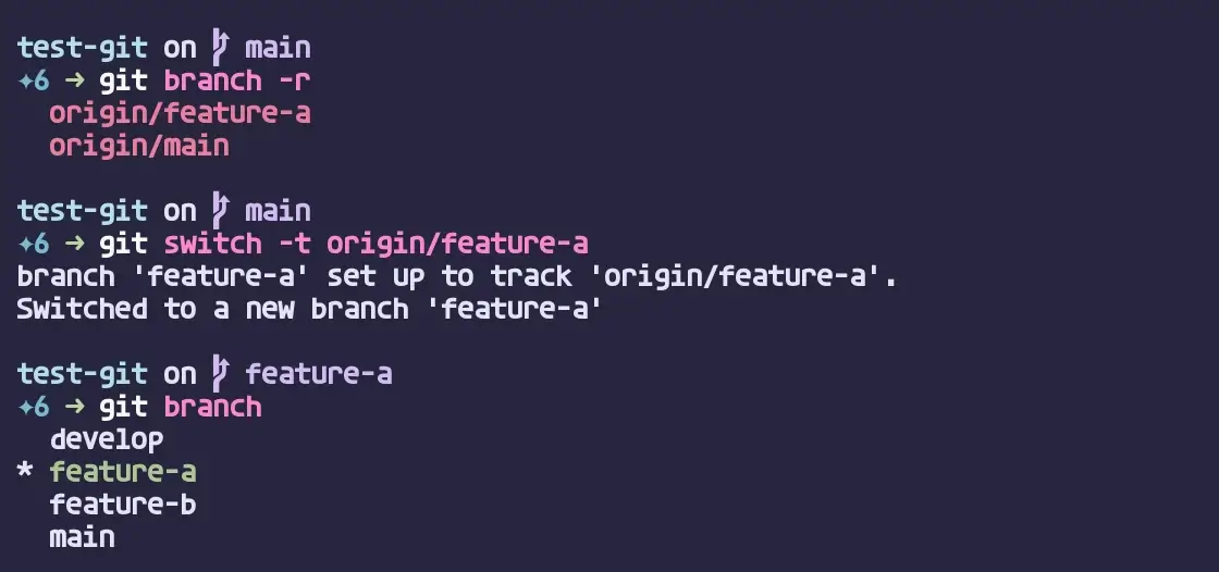 git switch -c -t 실행 결과