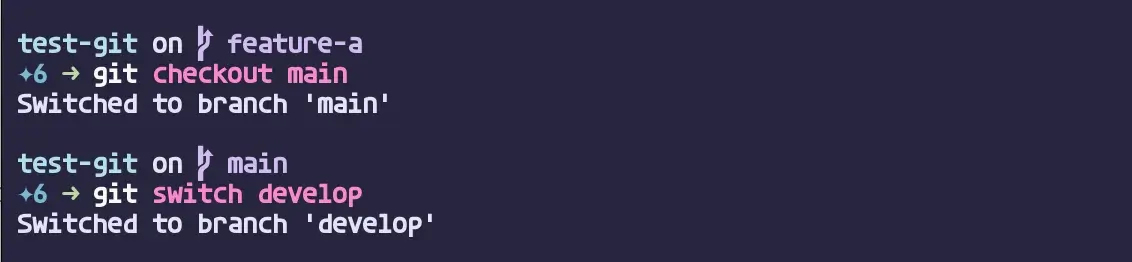 git checkout, switch 실행 결과