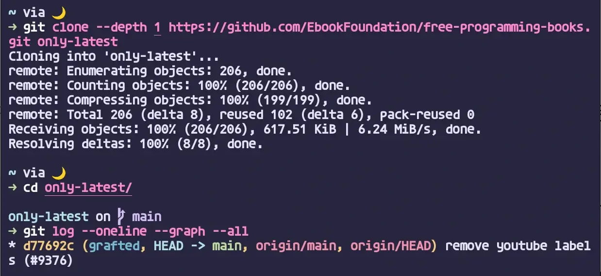 git clone --depth 실행 결과